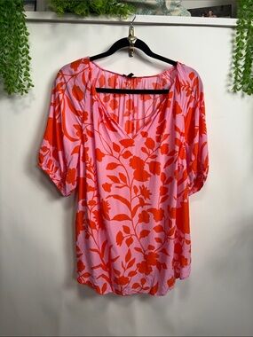 Talbots Pink and Orange Floral V-Neck Blouse